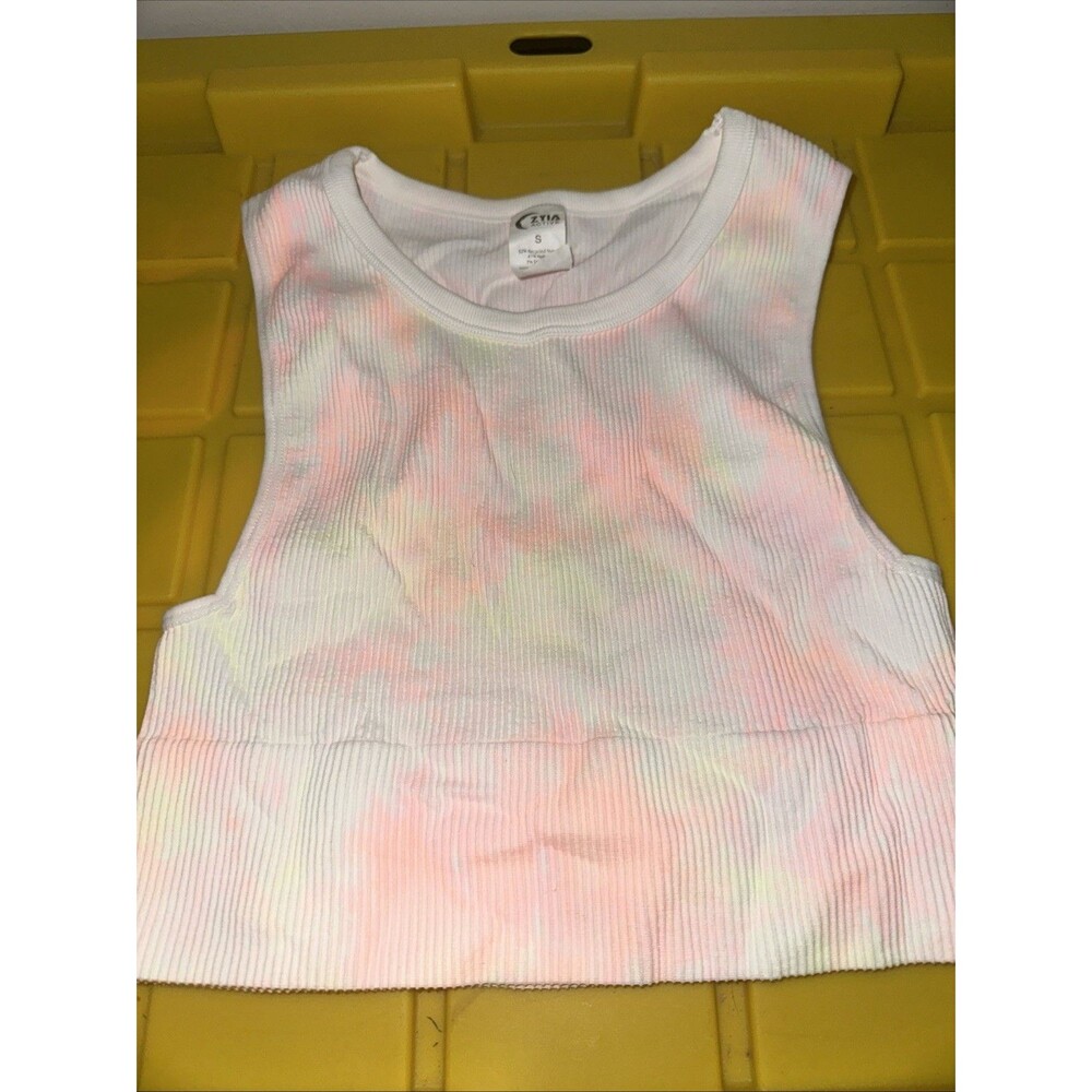 Zyia Active White Hendrix Crop Tank Top Tie-Dye Ribbed Longline Bra Size Small